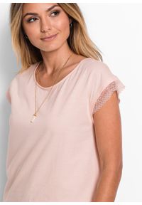 bonprix - Bawełniany T-shirt o kroju pudełkowym. Kolor: różowy. Materiał: bawełna, koronka. Długość rękawa: krótki rękaw. Długość: krótkie. Wzór: koronka #2