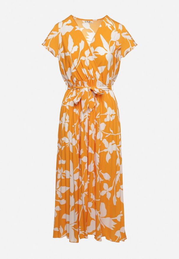 Born2be - Pomarańczowa Kopertowa Plisowana Sukienka z Gumką i Paskiem w Talii Denevia. Okazja: na co dzień. Kolor: pomarańczowy. Długość rękawa: krótki rękaw. Typ sukienki: kopertowe. Styl: casual