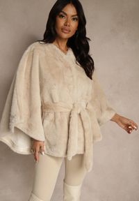 Renee - Beżowe Futerkowe Ponczo Ozdobione Paskiem Monareva. Okazja: na co dzień. Kolor: beżowy. Materiał: jeans. Wzór: aplikacja. Styl: casual, elegancki #4