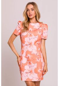 MOE - Elegancka sukienka trapezowa mini pomarańczowy. Typ kołnierza: typu klepsydra. Kolor: pomarańczowy, czerwony. Materiał: tkanina. Długość rękawa: krótki rękaw. Wzór: nadruk. Typ sukienki: trapezowe. Styl: elegancki. Długość: mini