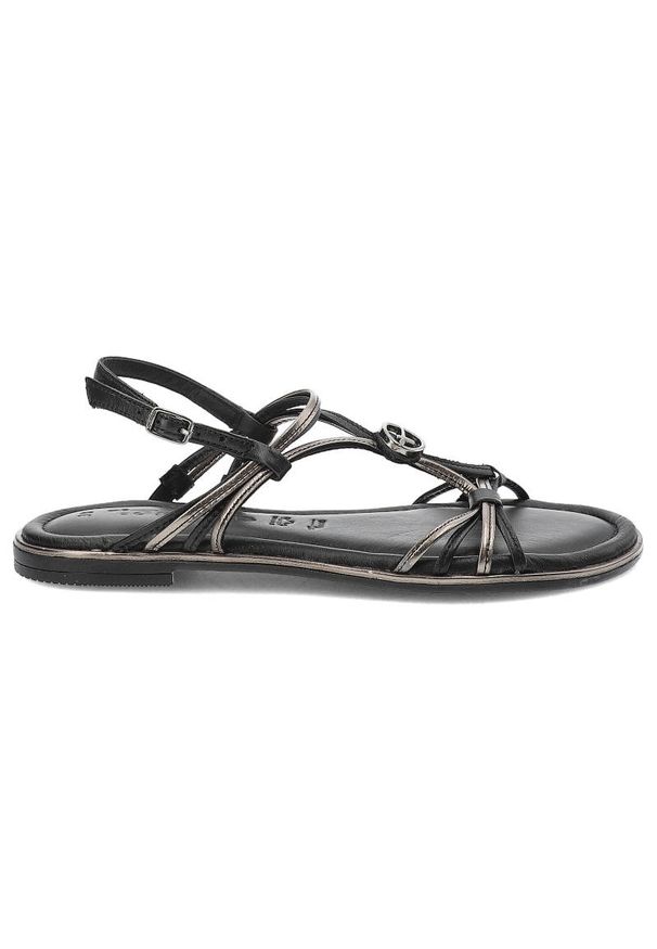 Czarne Sandały Tamaris Eleganckie Płaskie Buty. Okazja: na co dzień, na spacer. Zapięcie: pasek. Kolor: czarny. Wzór: paski. Sezon: lato. Obcas: na płaskiej podeszwie. Styl: elegancki