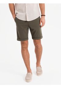 Ombre Clothing - Męskie dzianinowe szorty z podwiniętymi nogawkami – oliwkowe V5 - Rozmiar: L. Kolor: oliwkowy. Materiał: dzianina. Wzór: jednolity. Styl: klasyczny