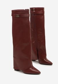 Renee - Bordowe Eleganckie Kozaki z Wywiniętą Cholewką do Kolana na Słupku Lisapa. Kolor: czerwony. Szerokość cholewki: normalna. Obcas: na słupku. Styl: elegancki #5