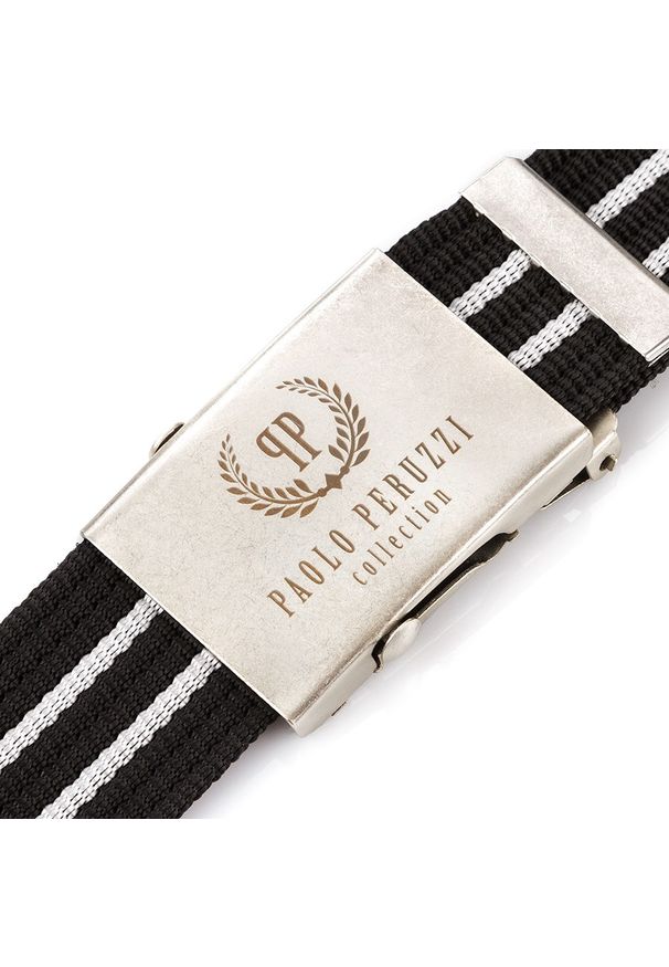 Pasek parciany PAOLO PERUZZI PW-03-105 CM czarny z białymi przeszyciamy. Kolor: czarny, wielokolorowy, biały. Materiał: materiał. Wzór: paski