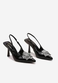 Renee - Czarne Sandały z Aplikacją Kwiatka z Cyrkoniami i z Geometryczną Szpilką Anabra. Okazja: na randkę. Kolor: czarny. Wzór: kwiaty, geometria, aplikacja #2