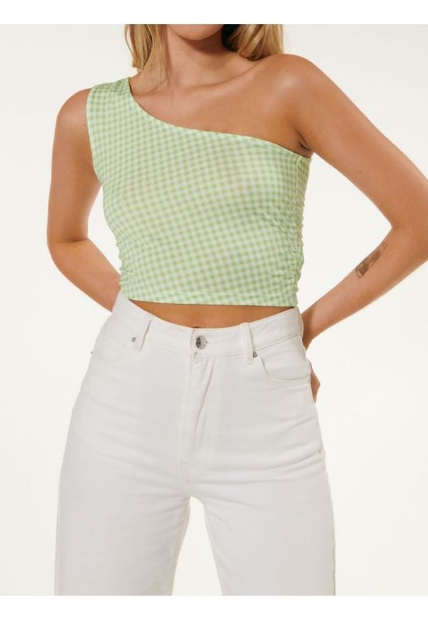 Sinsay - Crop top na jedno ramię w kratę - zielony. Kolor: zielony