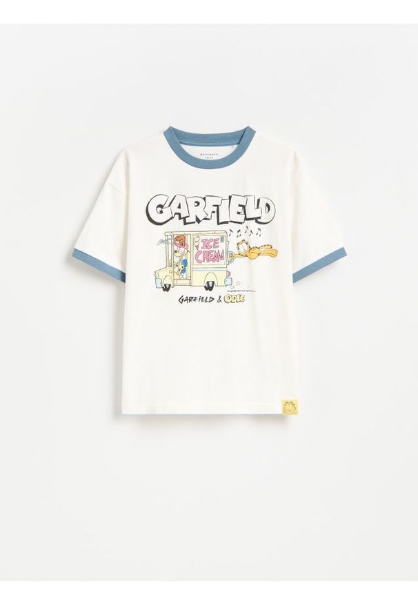 Reserved - Bawełniany t-shirt Garfield - złamana biel. Materiał: bawełna