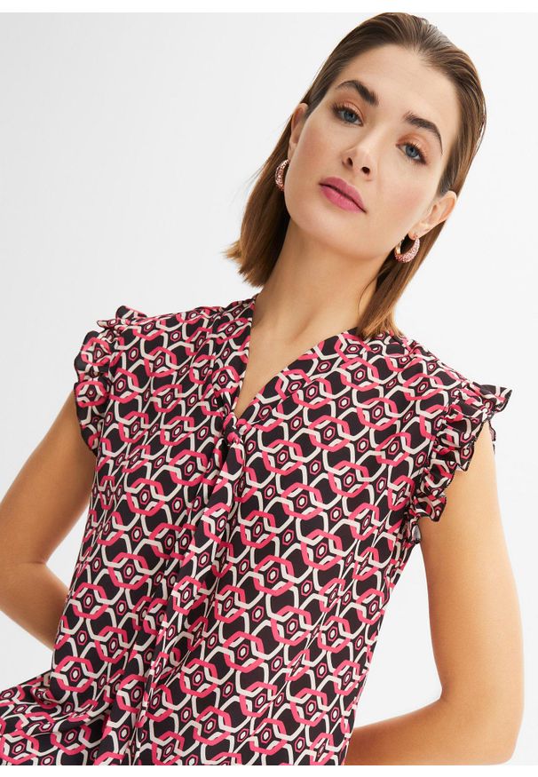 bonprix - Bluzka bez rękawów, z nadrukiem. Kolor: czarny. Długość rękawa: bez rękawów. Wzór: nadruk