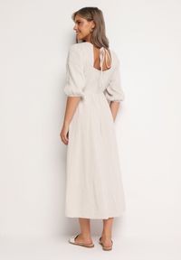 Born2be - Beżowa Rozkloszowana Bawełniana Sukienka Boho z Wiązaniem i Gumką w Talii Lawla. Okazja: na co dzień. Typ kołnierza: dekolt w kształcie V. Kolor: beżowy. Materiał: bawełna. Typ sukienki: rozkloszowane. Styl: boho #4