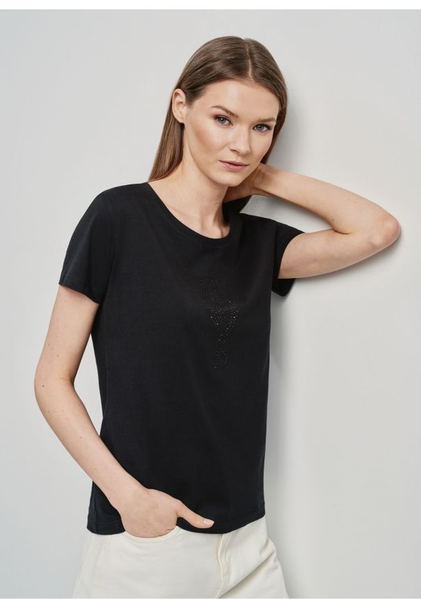 Ochnik - T-shirt damski czarny z ozdobną wilgą. Kolor: czarny. Materiał: bawełna. Wzór: aplikacja
