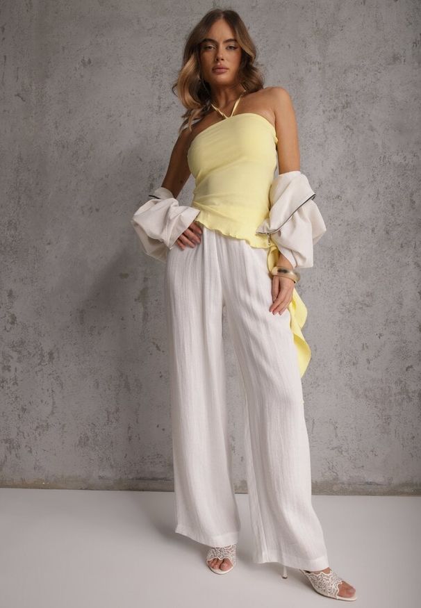 Renee - Białe Spodnie Wide Leg High Waist z Wiskozy Terilinae. Okazja: na co dzień. Stan: podwyższony. Kolor: biały. Materiał: wiskoza. Wzór: haft. Styl: casual