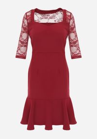 Born2be - Bordowa Taliowana Sukienka VICES z Koronkowymi Rękawami Oceamara. Kolor: czerwony. Materiał: koronka. Wzór: aplikacja, koronka. Styl: elegancki #5