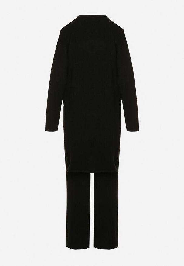 Born2be - Czarny Komplet z Dzianiny z Wełną Spodnie Kardigan i Kamizelka na Guziki Meviseffa. Kolor: czarny. Materiał: dzianina, wełna