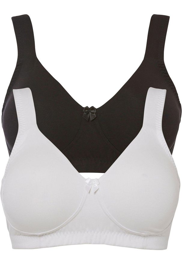 bonprix - Biustonosz typu T-shirt optycznie zmniejszający biust, bez fiszbinów z bawełną organiczną (2 szt.). Kolor: czarny. Materiał: bawełna. Wzór: gładki