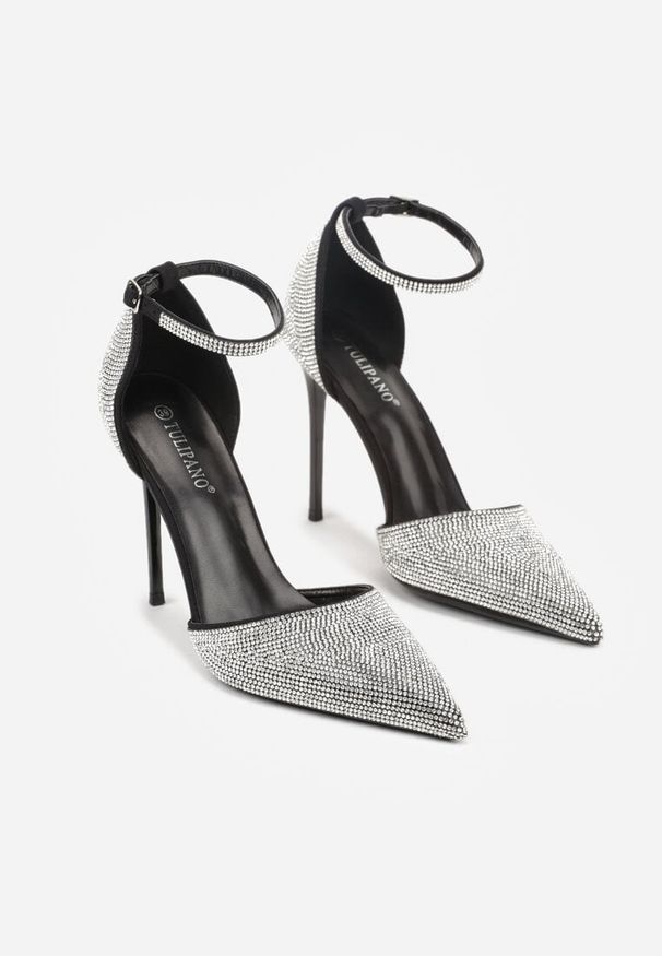 Born2be - Czarne Szpilki z Paskiem wokół Kostki i Cyrkoniowym Zdobieniem Anwedela. Okazja: do pracy, na spotkanie biznesowe. Zapięcie: pasek. Kolor: czarny. Materiał: satyna. Wzór: aplikacja. Obcas: na szpilce. Styl: biznesowy, klasyczny