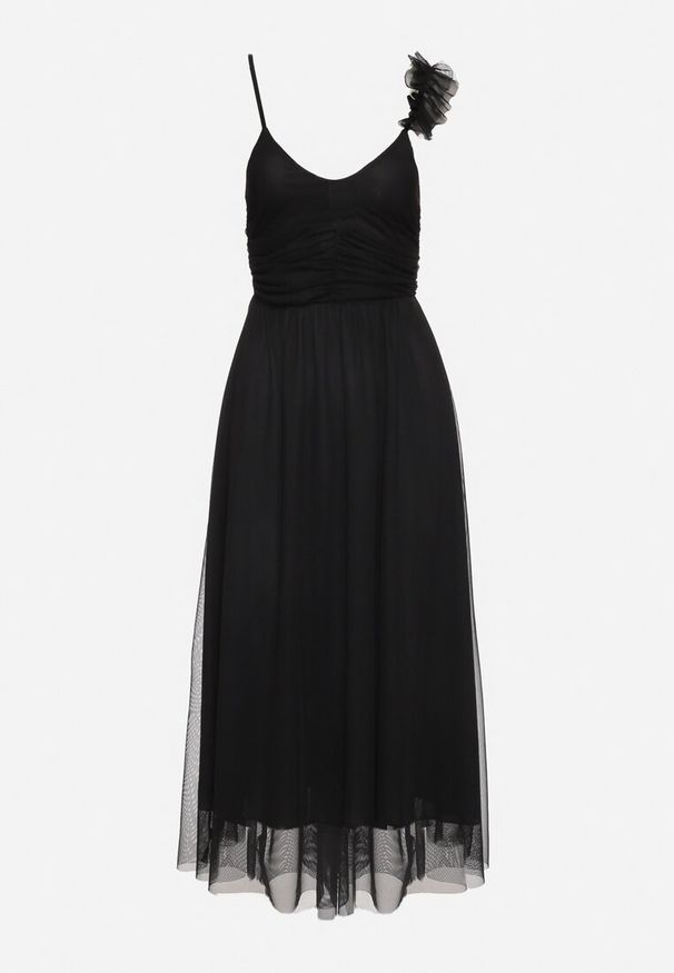 Born2be - Czarna Sukienka na Ramiączkach z Gumką w Talii i Falbanką Watalia. Okazja: na imprezę. Kolor: czarny. Materiał: materiał. Długość rękawa: na ramiączkach. Sezon: lato