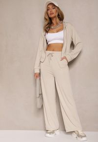 Renee - Beżowy Komplet Dresowy o Luźnym Kroju Bluza na Suwak z Kapturem i Spodnie Szerokie Ezorila. Kolor: beżowy. Materiał: dresówka