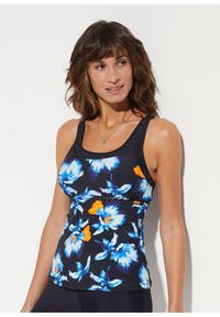 bonprix - Top tankini. Kolor: czarny. Materiał: poliamid. Wzór: kwiaty, nadruk. Styl: elegancki