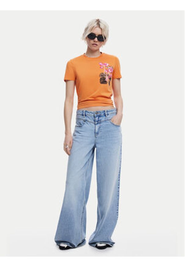 Desigual T-Shirt Botanical 25SWTK48 Pomarańczowy Slim Fit. Kolor: pomarańczowy. Materiał: bawełna