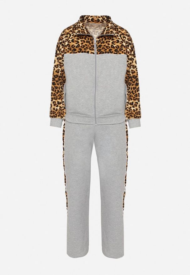 Born2be - Szary Komplet Dresowy Bluza ze Stójką i Szerokie Spodnie w Panterkę Savorre. Kolor: szary. Materiał: dresówka. Wzór: motyw zwierzęcy