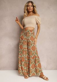 Renee - Zielono-Pomarańczowe Spodnie Szerokie z Wiskozy w Ornamentalny Wzór High Waist Cramelia. Stan: podwyższony. Kolor: zielony. Materiał: wiskoza. Długość: długie