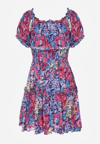 Born2be - Granatowa Wiskozowa Sukienka Mini z Gumkami w Pasie i Falbanką Muena. Typ kołnierza: kołnierz z falbankami. Kolor: niebieski. Materiał: wiskoza. Wzór: kwiaty. Długość: mini #5