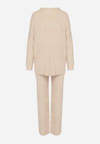 Born2be - Beżowy Dzianinowy Komplet z Bawełną i Wełną Długi Sweter i Szerokie Spodnie Reinesa. Kolor: beżowy. Materiał: dzianina, bawełna, wełna #4