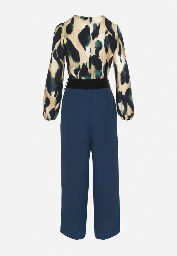 Born2be - Beżowo-Niebieski Kombinezon o Kopertowym Kroju z Dodatkowym Paskiem i Wzorzystą Górą Tinasirae. Okazja: na co dzień. Kolor: zielony. Styl: casual, elegancki