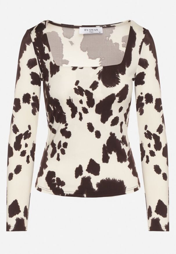 Born2be - Brązowa Bluzka z Wiskozą w Łaciaty Wzór z Kwadratowym Dekoltem Retenda. Typ kołnierza: dekolt kwadratowy. Kolor: brązowy. Materiał: wiskoza