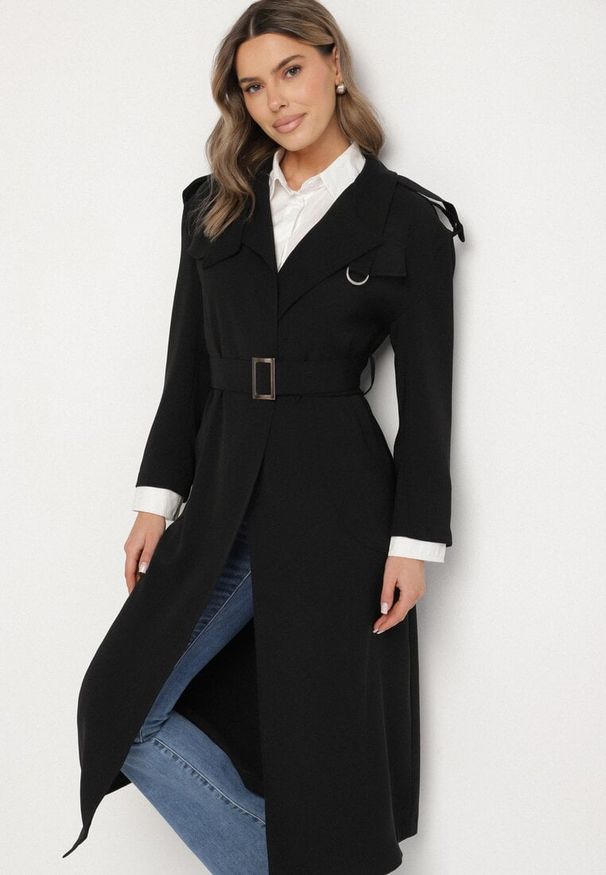Born2be - Czarny Płaszcz Trencz z Eleganckim Paskiem Mavinellea. Okazja: na co dzień. Kolor: czarny. Materiał: jeans. Długość rękawa: długi rękaw. Długość: długie. Styl: elegancki