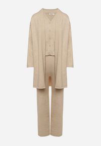 Born2be - Jasnobeżowy Komplet z Dzianiny z Wełną Spodnie Kardigan i Kamizelka na Guziki Meviseffa. Kolor: beżowy. Materiał: dzianina, wełna #7