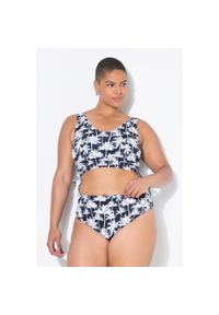 ULLA POPKEN - Damski Top od bikini miękkie miseczki nadruk z motywem palm marszczone tasiemki. Kolekcja: plus size. Kolor: czarny. Materiał: poliester, elastan, poliamid, materiał. Wzór: nadruk