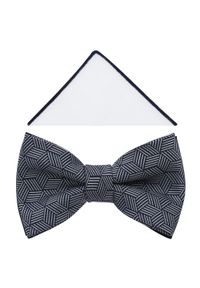 Modini - Granatowa mucha w biały geometryczny wzór A388. Kolor: biały, wielokolorowy, niebieski. Materiał: poliester, tkanina. Wzór: geometria. Styl: elegancki #1