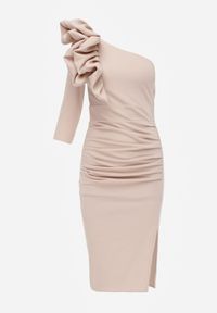 Renee - Beżowa Elegancka Sukienka Asymetryczna z Ozdobą przy Ramieniu o Dopasowanym Kroju Tesson. Kolor: beżowy. Materiał: materiał, poliester, elastan. Wzór: aplikacja. Typ sukienki: asymetryczne. Styl: elegancki #6