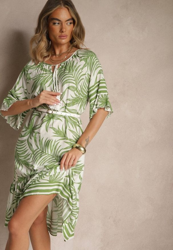 Renee - Zielona Pudełkowa Sukienka Zdobiona Roślinnym Printem i Wiązaniem przy Dekolcie Miranissa. Okazja: na co dzień. Kolor: zielony. Materiał: bawełna, materiał. Wzór: aplikacja, nadruk. Typ sukienki: proste. Styl: klasyczny, casual, elegancki