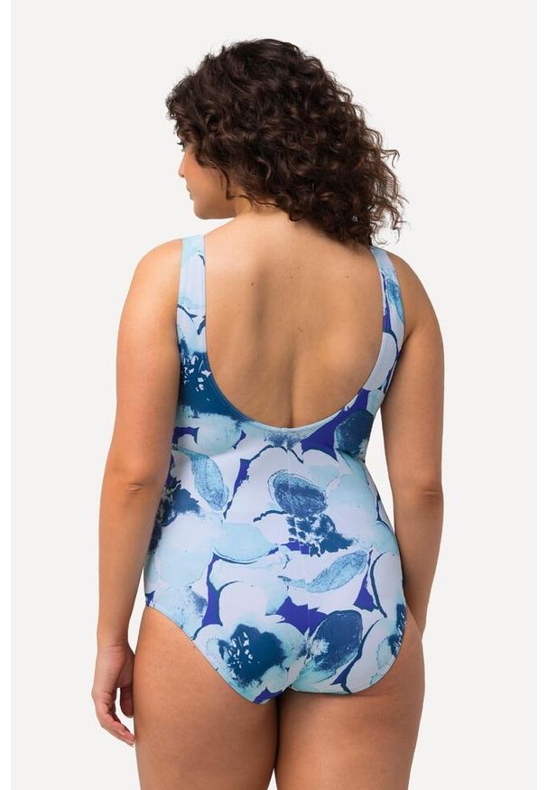 ULLA POPKEN - Damski Kostium kąpielowy kwiaty bez miękkich miseczek okrągły dekolt. Kolekcja: plus size. Kolor: niebieski. Materiał: poliester, elastan, poliamid, materiał. Wzór: kwiaty