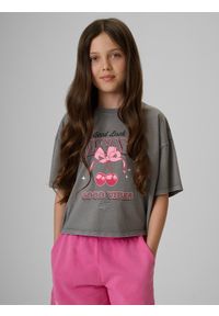 4f - 4F T-shirt boxy z nadrukiem dziewczęcy - szary 134/140 (8-10 lat). Okazja: na co dzień. Kolor: szary. Materiał: materiał, bawełna, dzianina. Długość: krótkie. Wzór: nadruk. Sezon: lato. Styl: casual #1