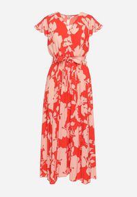 Born2be - Czerwono-Różowa Plisowana Koktajlowa Sukienka z Kopertowym Dekoltem Paskiem i Gumką w Talii Anelsea. Okazja: na spacer, na imprezę. Typ kołnierza: dekolt kopertowy. Kolor: czerwony. Długość rękawa: krótki rękaw. Wzór: aplikacja. Typ sukienki: kopertowe. Styl: wizytowy #6