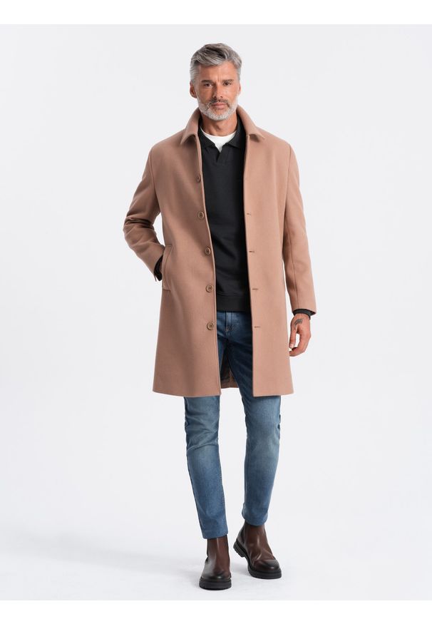 Ombre Clothing - Jednorzędowy męski długi płaszcz z kołnierzykiem i podpinką – brązowy V2 - Rozmiar: L. Okazja: na co dzień. Typ kołnierza: kołnierzyk koszulowy, komin. Kolor: brązowy. Materiał: syntetyk, wiskoza, poliester, materiał. Długość: długie. Wzór: jednolity. Styl: wizytowy, casual, elegancki