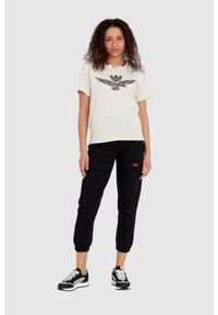 Aeronautica Militare - AERONAUTICA MILITARE Kremowy bawełniany luźny t-shirt damski z wypukłym orłem Comfort Fit, Rozmiar XS. Kolor: beżowy. Materiał: bawełna #5