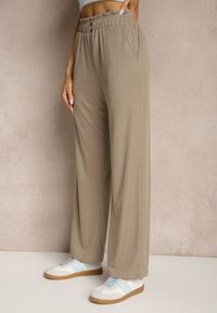 Renee - Ciemnobeżowe Spodnie High Waist o Fasonie Paper Bag z Gumką w Talii Lunalitia. Okazja: na co dzień. Stan: podwyższony. Kolor: beżowy. Wzór: aplikacja. Styl: elegancki, casual