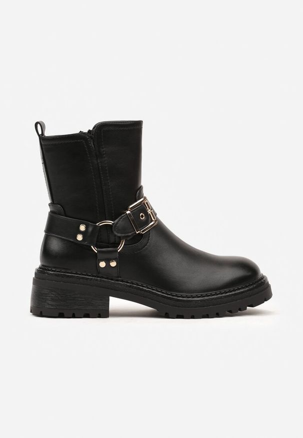 Born2be - Czarne Casualowe Botki Ozdobione Paskami z Klamrami i Nitami Nialithea. Okazja: na co dzień. Zapięcie: klamry. Kolor: czarny. Materiał: jeans, skóra. Wzór: aplikacja. Obcas: na obcasie. Styl: casual. Wysokość obcasa: średni