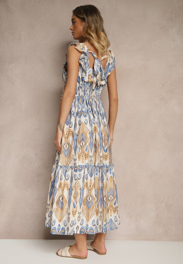 Renee - Niebieska Sukienka Rozkloszowana Wiskozowa Wiązana na Plecach we Wzór Boho Turieza. Okazja: na co dzień. Kolor: niebieski. Materiał: wiskoza. Typ sukienki: proste. Styl: boho