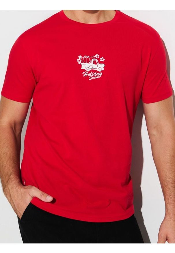 Sinsay - Bawełniana koszulka z nadrukiem świątecznym - czerwony. Kolor: czerwony. Materiał: bawełna. Wzór: nadruk. Styl: wizytowy