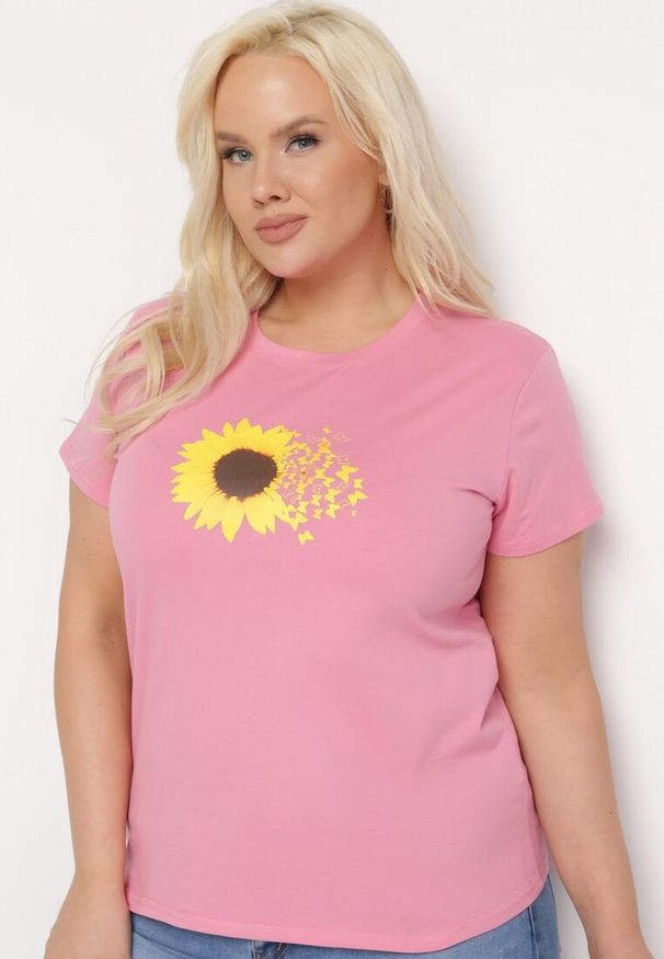 Born2be - Różowy Bawełniany T-shirt z Nadrukiem na Przodzie Galamella. Kolor: różowy. Materiał: bawełna. Wzór: nadruk