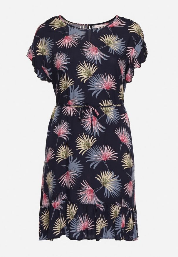 Born2be - Granatowo-Różowa Bawełniana Sukienka z Florystycznym Motywem i Wiązaniem w Talii Rissani. Okazja: na randkę. Kolor: niebieski. Materiał: bawełna. Sezon: lato