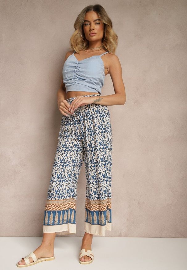 Renee - Niebieskie Spodnie z Bawełny High Waist z Abstrakcyjnym Wzorem Lisathiela. Okazja: na co dzień. Stan: podwyższony. Kolor: niebieski. Materiał: bawełna. Styl: casual