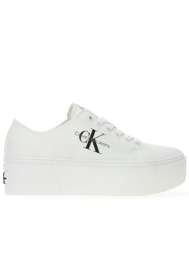 Buty Calvin Klein Vulc Flatform+ Cupsole Low YW0YW01033-01T - białe. Okazja: na co dzień. Kolor: biały. Materiał: materiał, guma. Szerokość cholewki: normalna. Obcas: na platformie