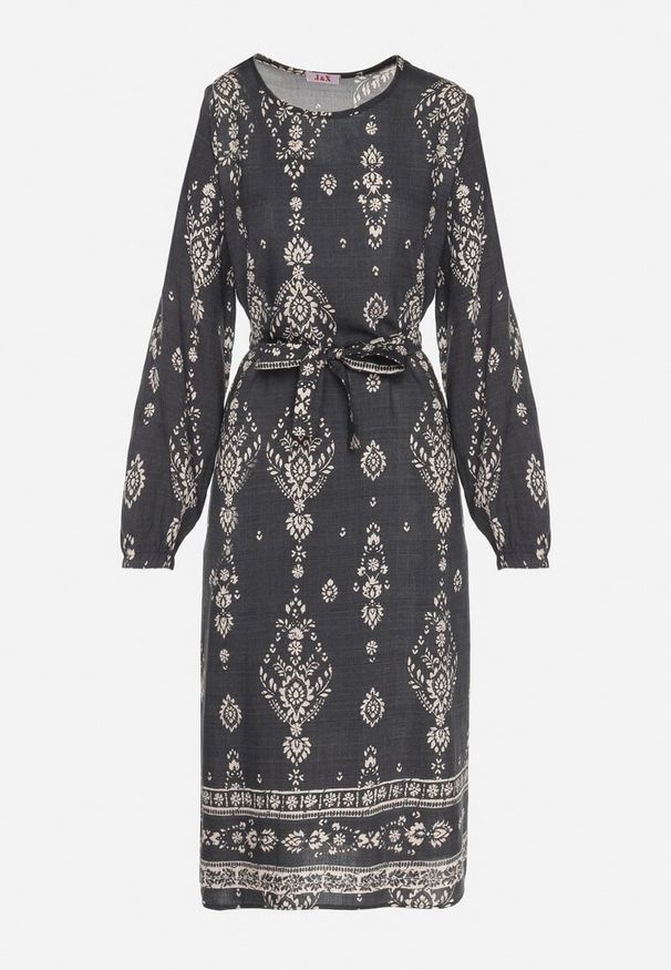 Born2be - Ciemnoszara Sukienka we Wzory Boho Pudełkowa z Paskiem w Talii Lisanea. Okazja: na co dzień. Kolor: szary. Materiał: materiał. Długość rękawa: długi rękaw. Typ sukienki: w kształcie A. Styl: boho