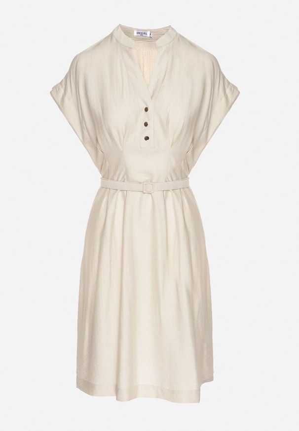 Born2be - Beżowa Sukienka z Wiskozy o Rozkloszowanym Kroju z Paskiem Sepina. Okazja: na co dzień. Typ kołnierza: dekolt w serek. Kolor: beżowy. Materiał: wiskoza. Długość rękawa: krótki rękaw. Wzór: aplikacja. Sezon: lato. Styl: klasyczny, casual, elegancki